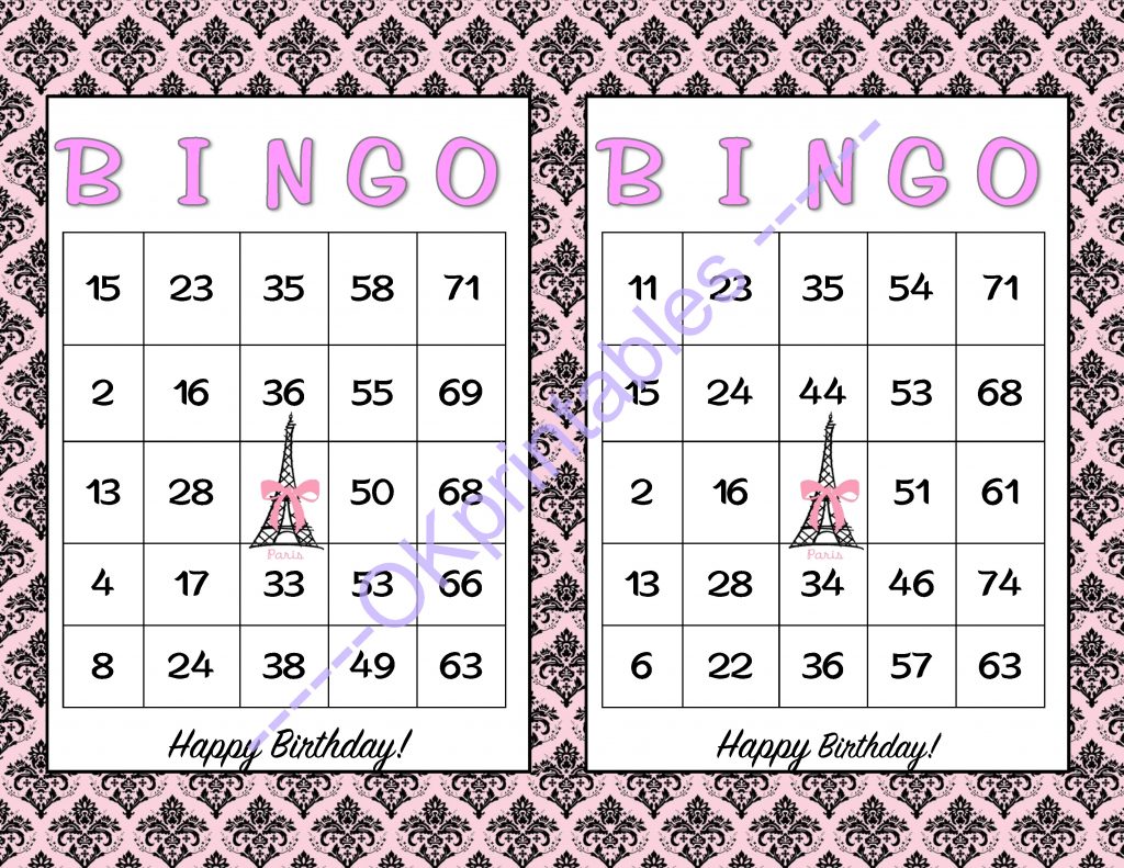 60 Happy Birthday Bingo Cards - Printable Girl Game Paris Theme Party ...