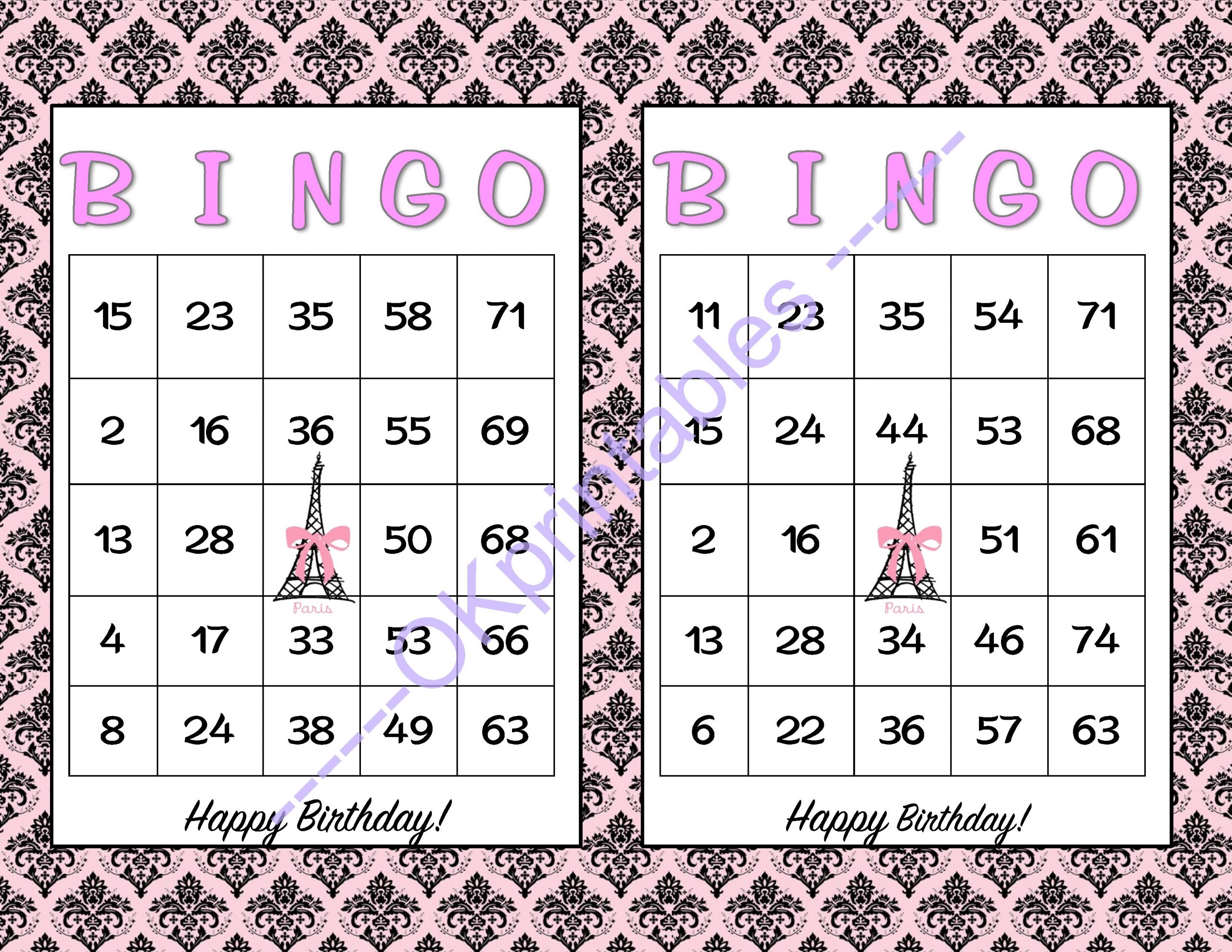 60 Happy Birthday Bingo Cards - Printable Girl Game Paris Theme Party -  Pink And Black Paris Party - Girl Party Game Soldokprintables