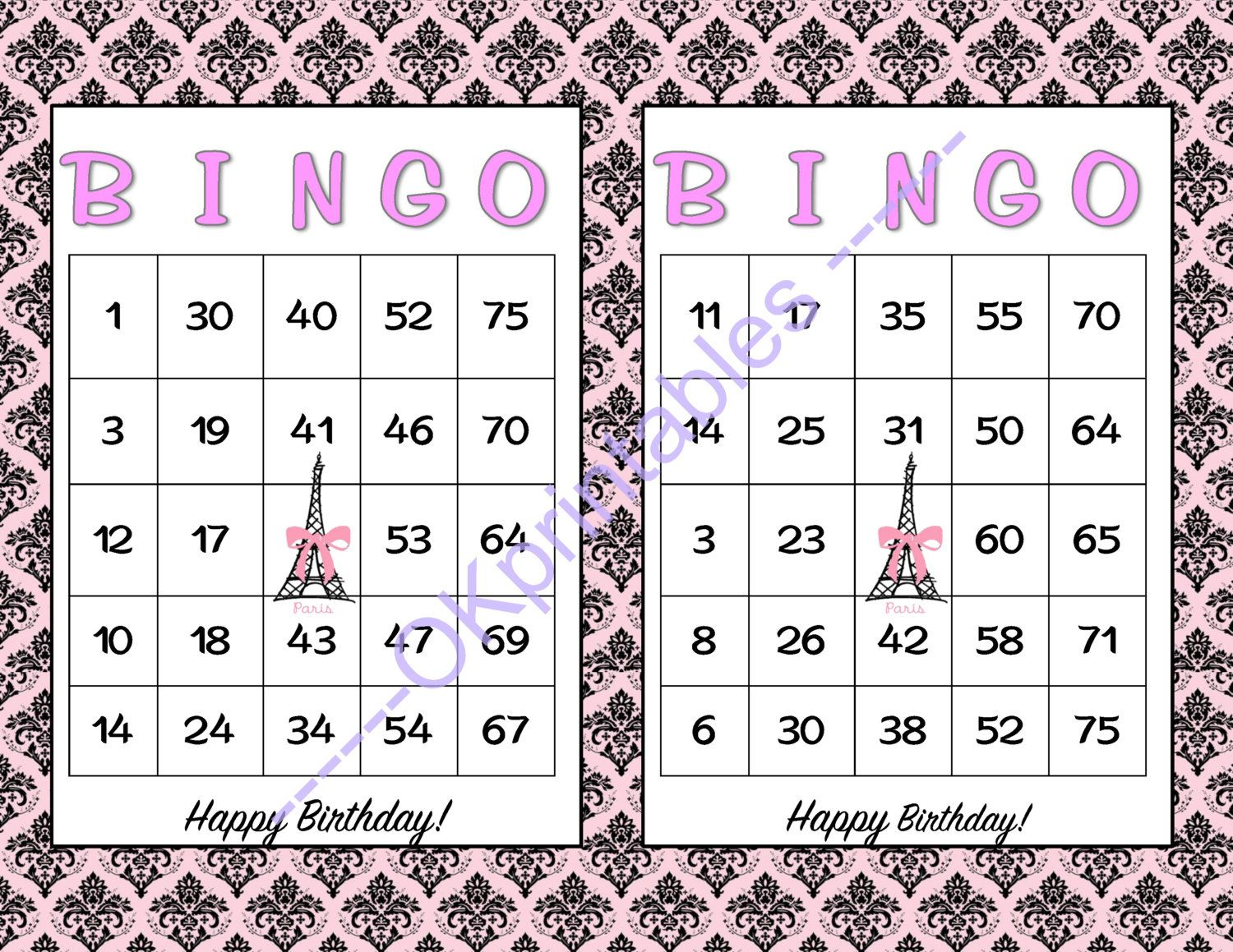 60 Happy Birthday Parisian Party Bingo Cards - Printable