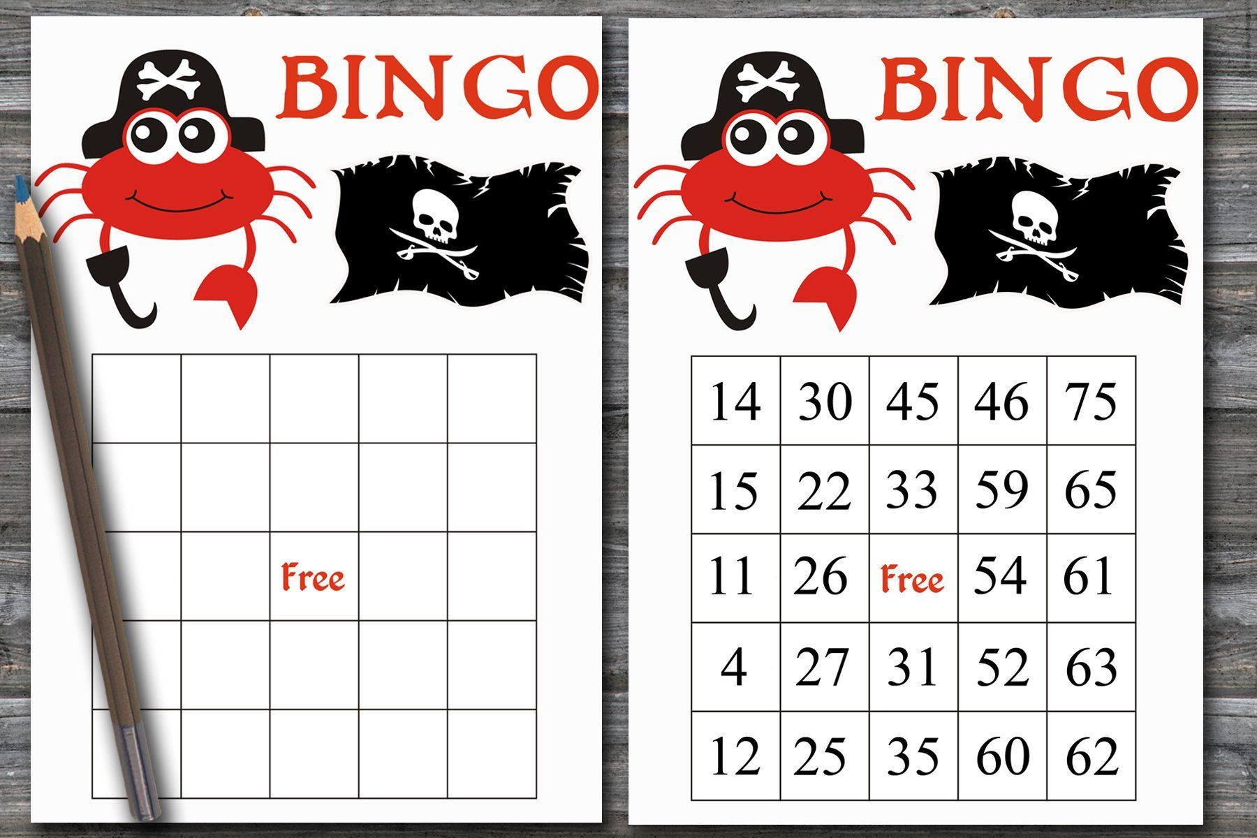 60 Pirate Bingo Cards With Numbers, Crab Bingo Game, Pirate