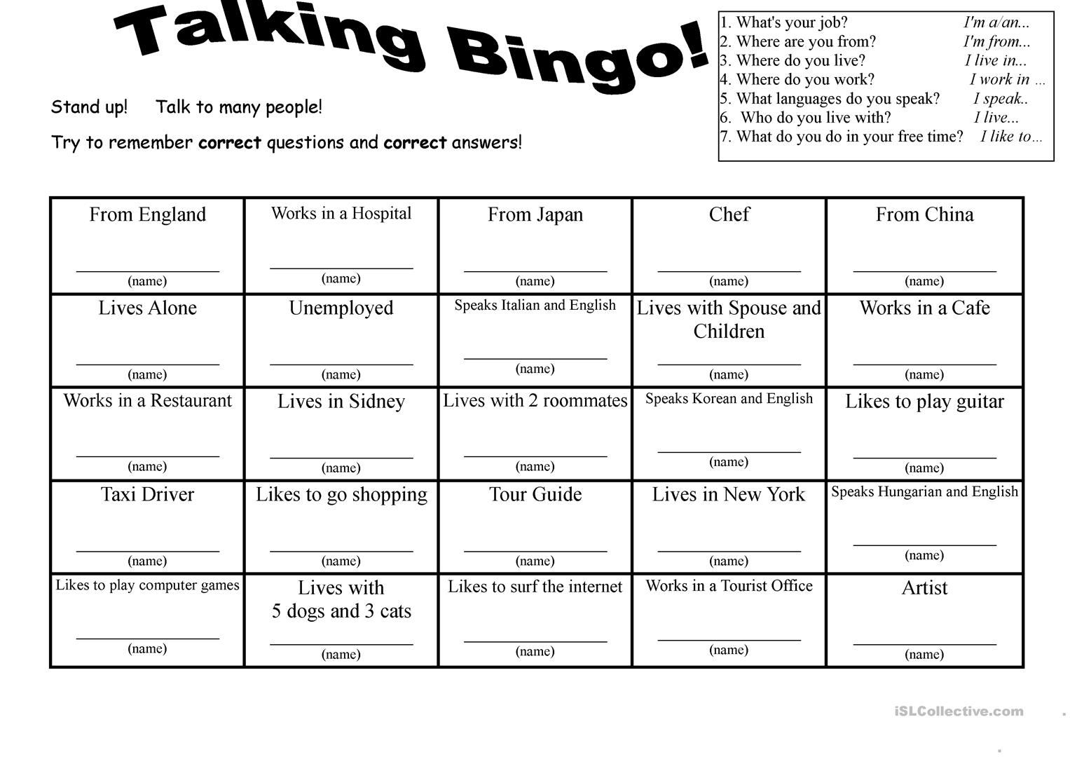 7 Questions Talking Bingo With Role-Play Cards - English Esl