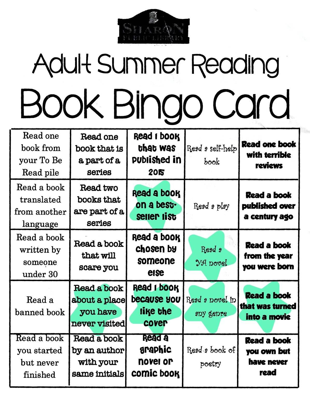 Adult Summer Reading Book Bingo Card From Sharon Public