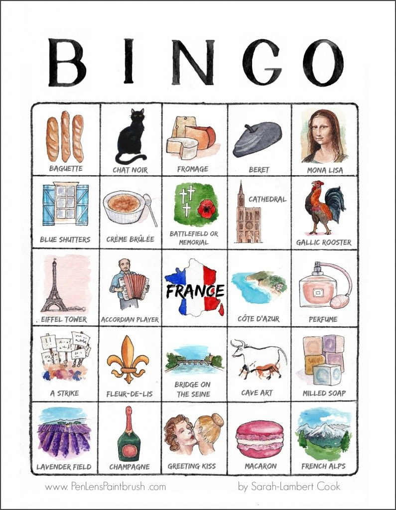 An Illustrated Trip Through France - Printable Travel Bingo