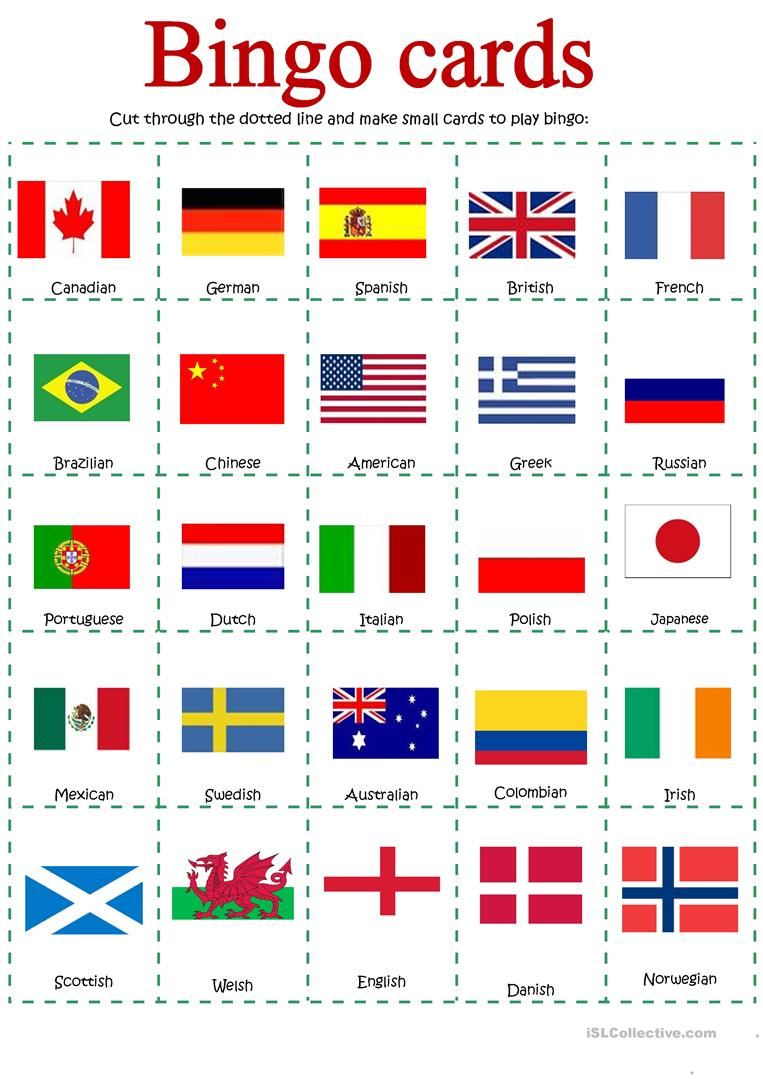 Bingo About Nationalities - English Esl Worksheets For