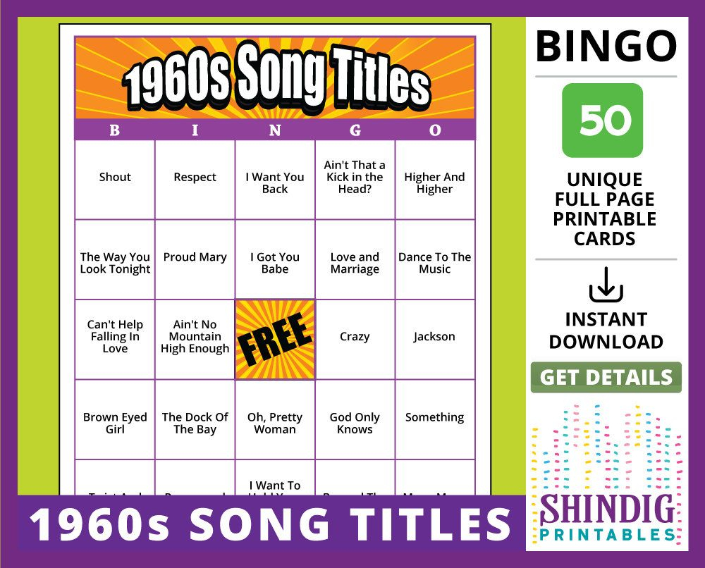 Bingo Card Game: 1960S Song Titles! Sixties Retro, Senior