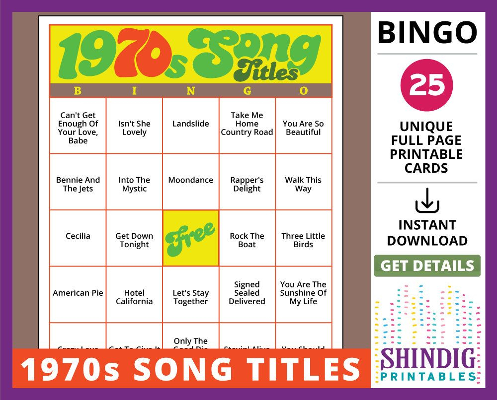 Bingo Card Game 1960s Song Titles Sixties Retro Senior Printable