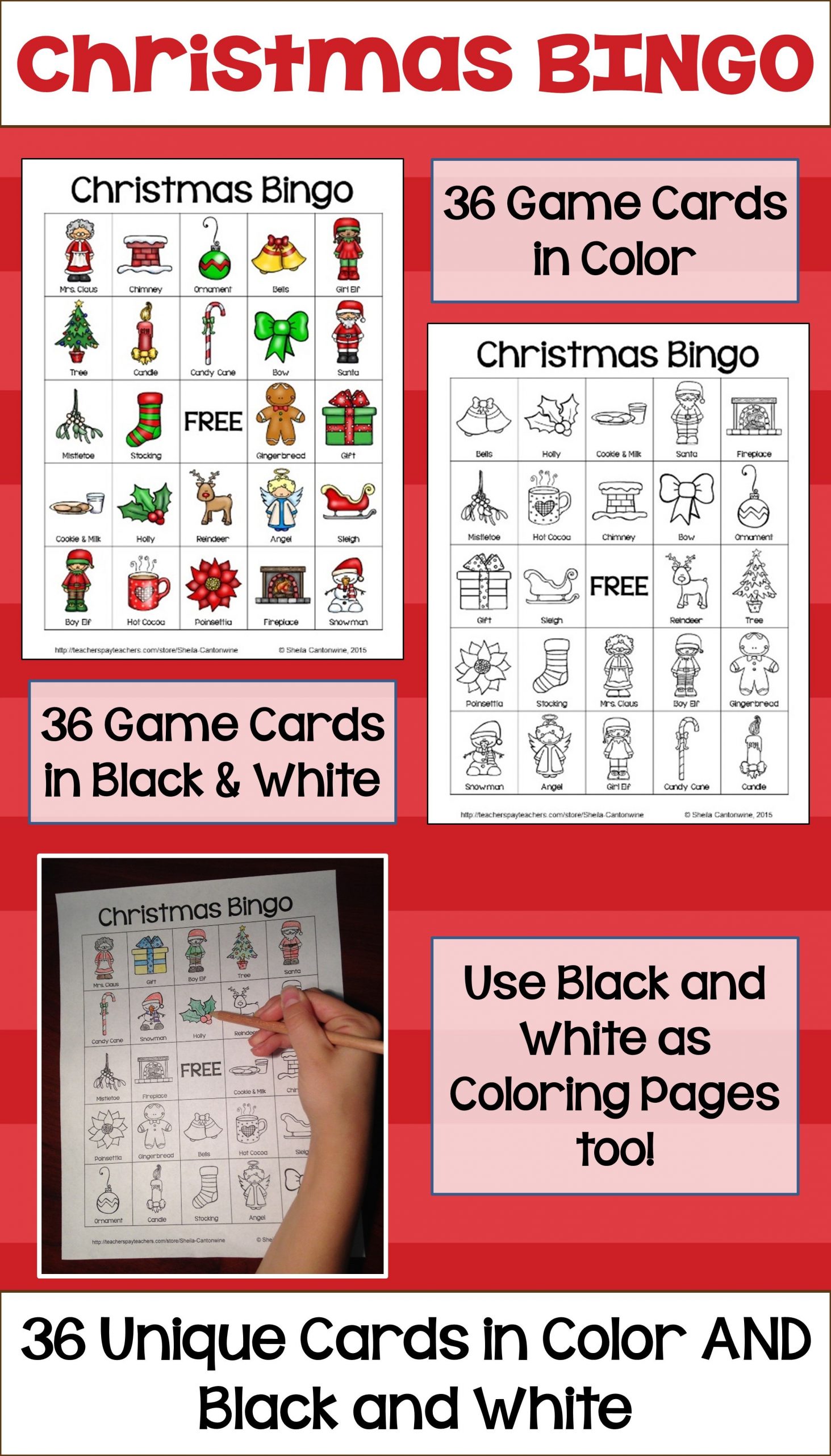 Christmas Bingo With 36 Unique Cards In Color And Black And