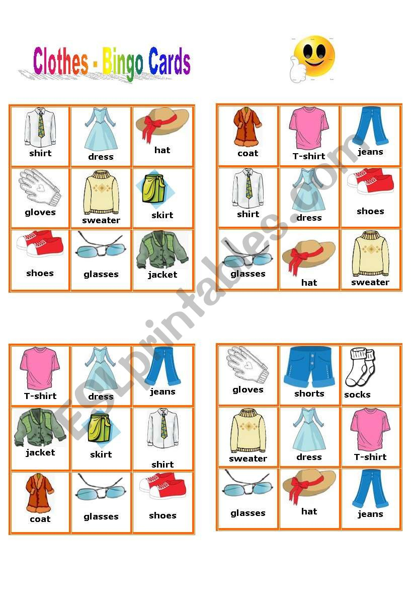 Clothes - 10 Bingo Cards - Esl Worksheetpetili