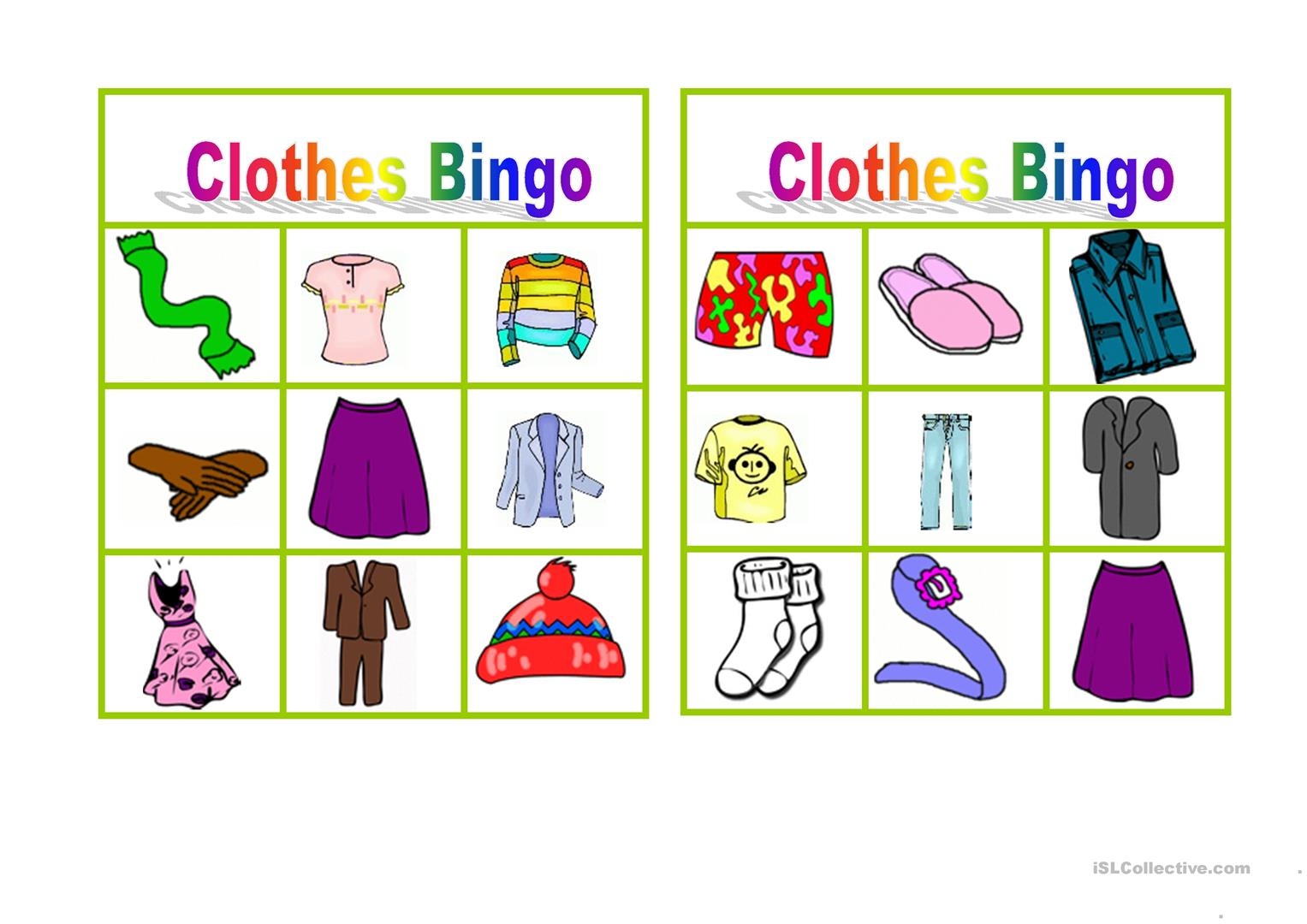 Clothes Bingo Cards Printable