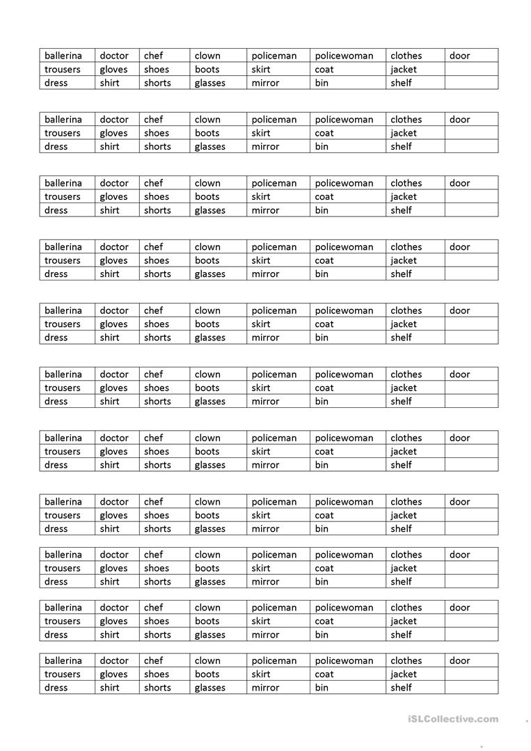 Clothes Bingo Mastercard - English Esl Worksheets