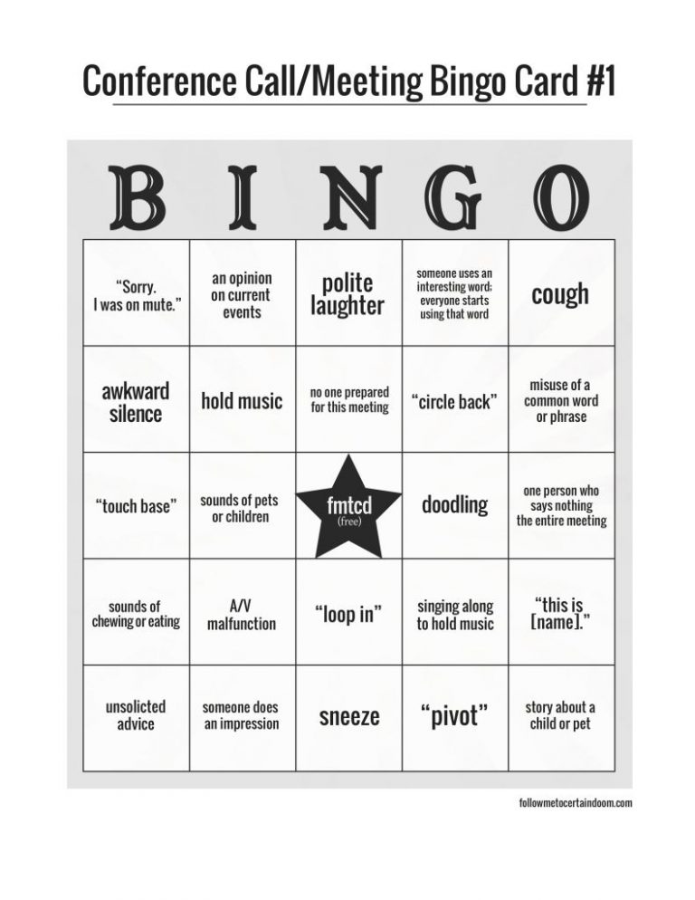 Conference Call And/or Meeting Bingo | Conference Call - Printable ...