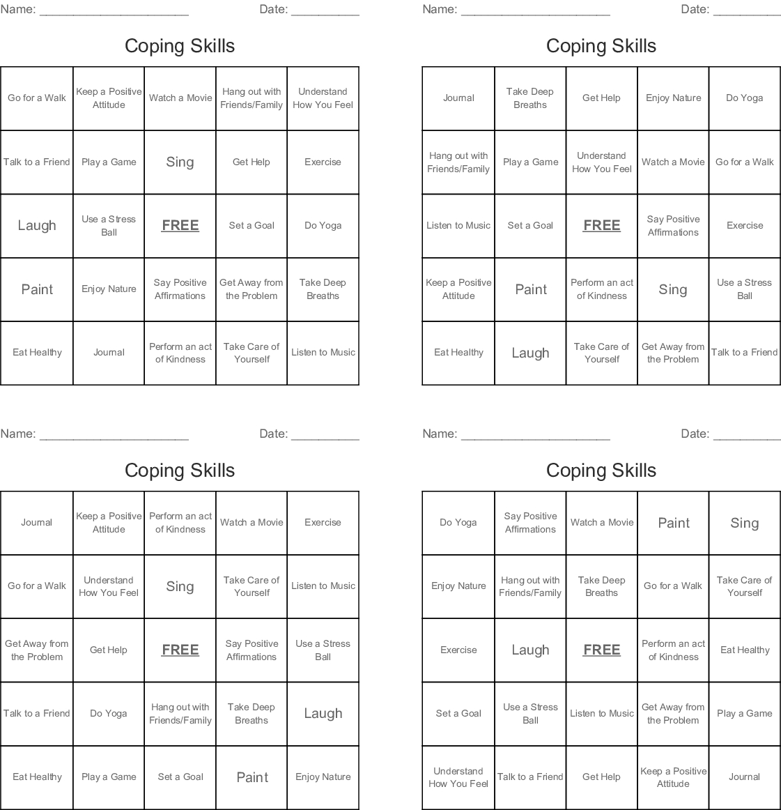 Coping Skills Bingo Cards - Wordmint