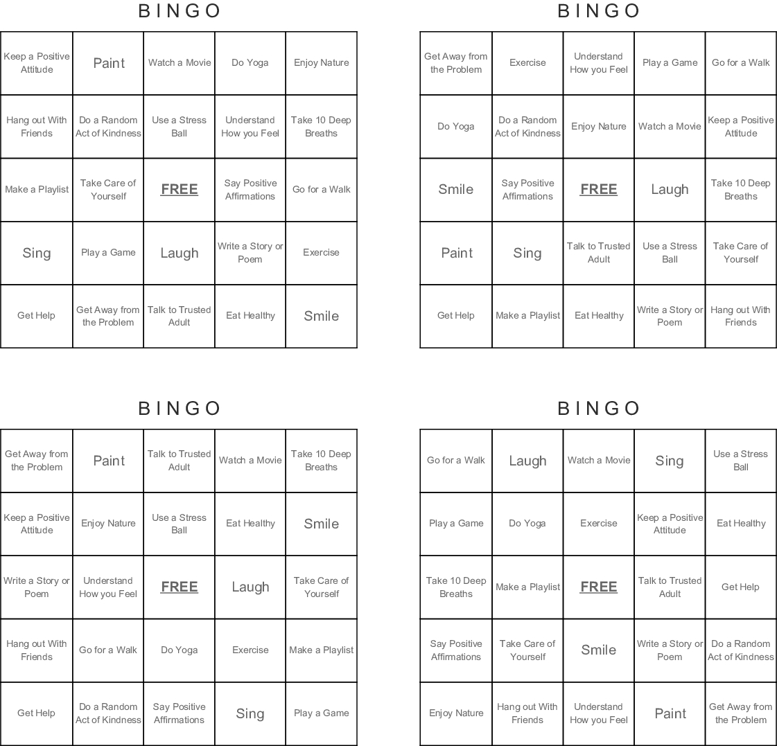 Coping Skills Bingo Cards - Wordmint