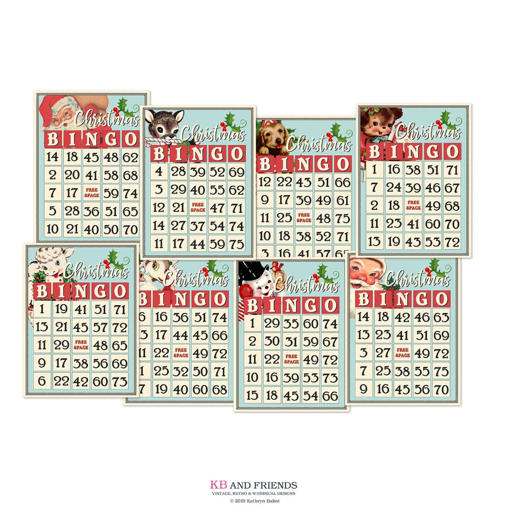 Digital Retro Santa Christmas Bingo Cards / 8 Decorative