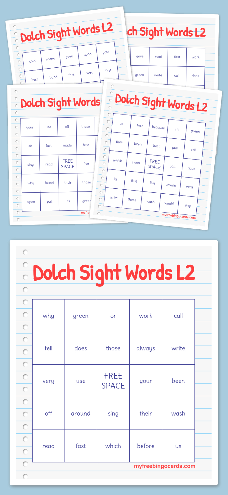 Dolch Sight Words L2 Bingo | Free Printable Bingo Cards