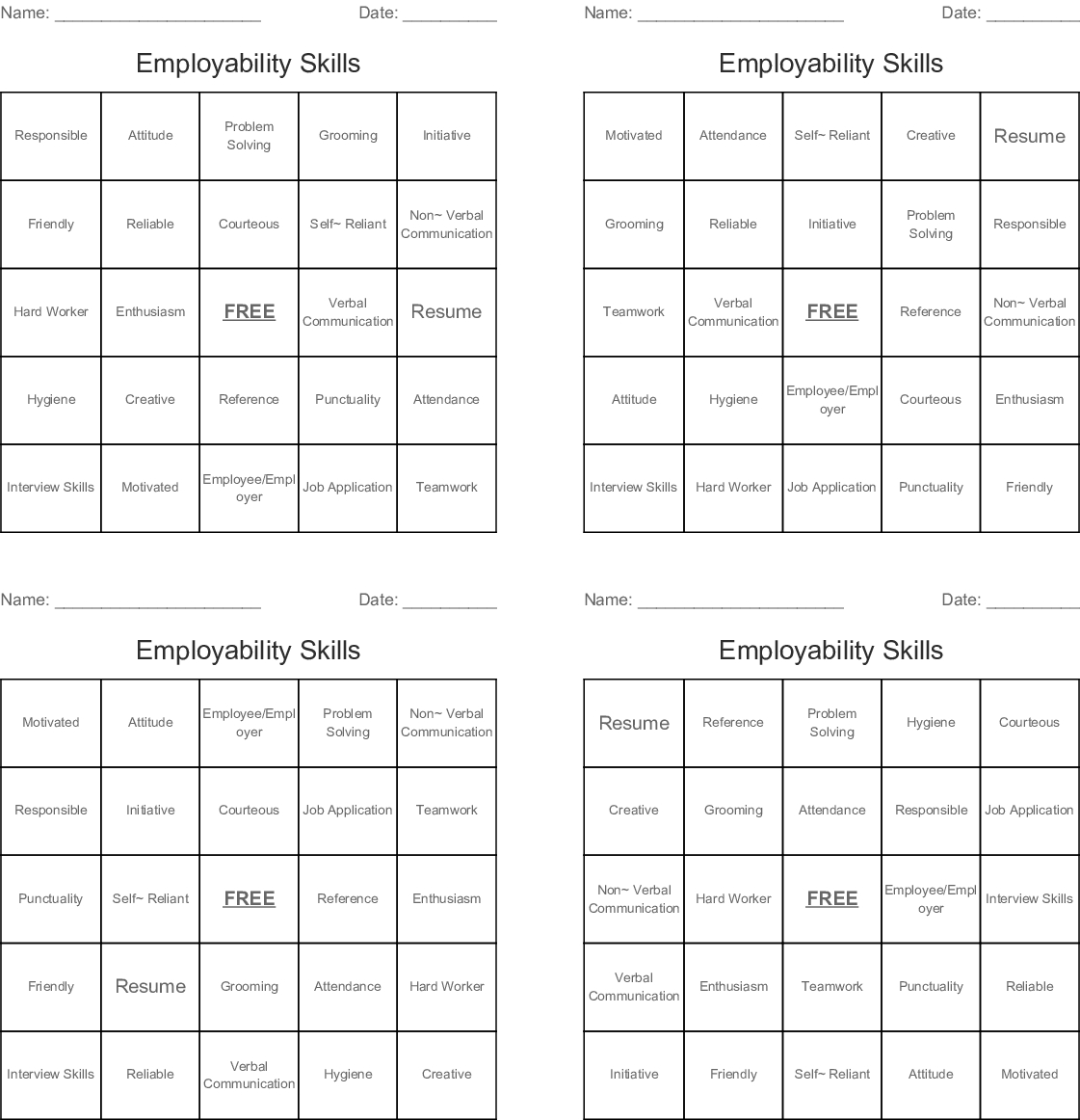 Employability Skills Bingo Cards - Wordmint