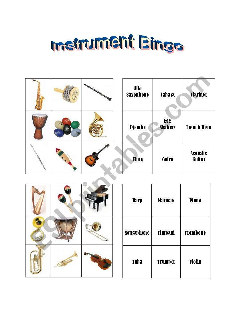 English Worksheets: Instrument Bingo