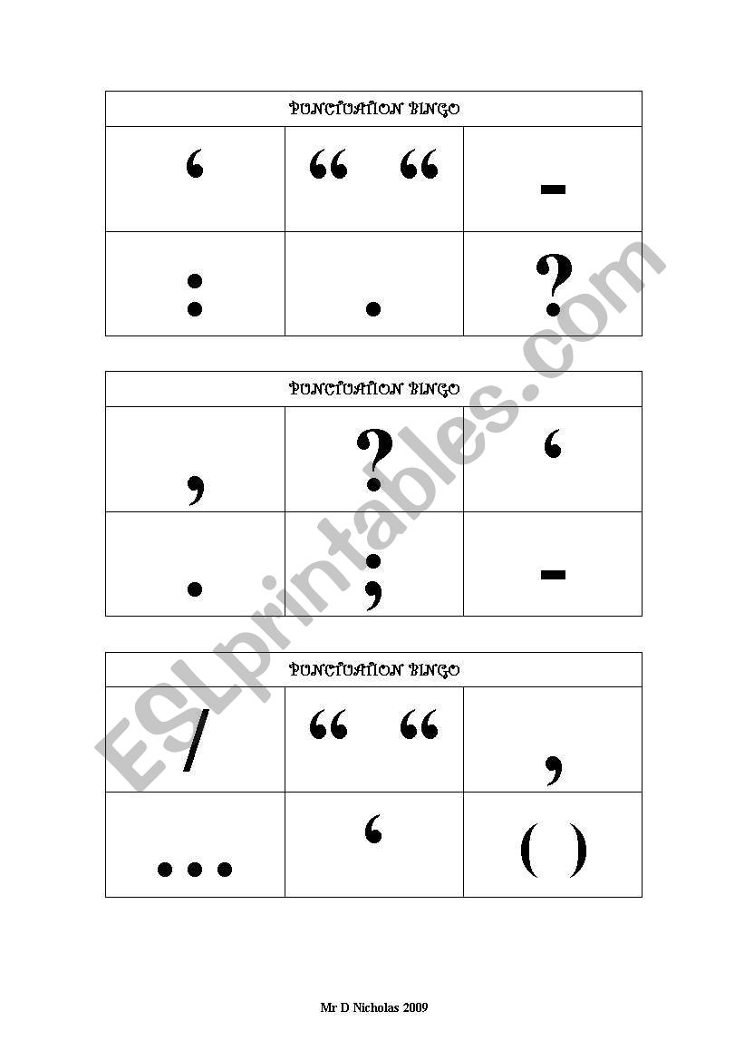 English Worksheets: Punctuation Bingo Cards