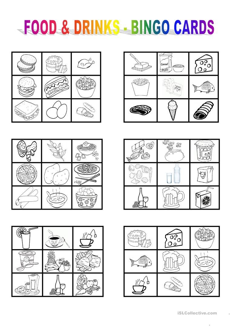 Food And Drinks - Bingo Cards - English Esl Worksheets For