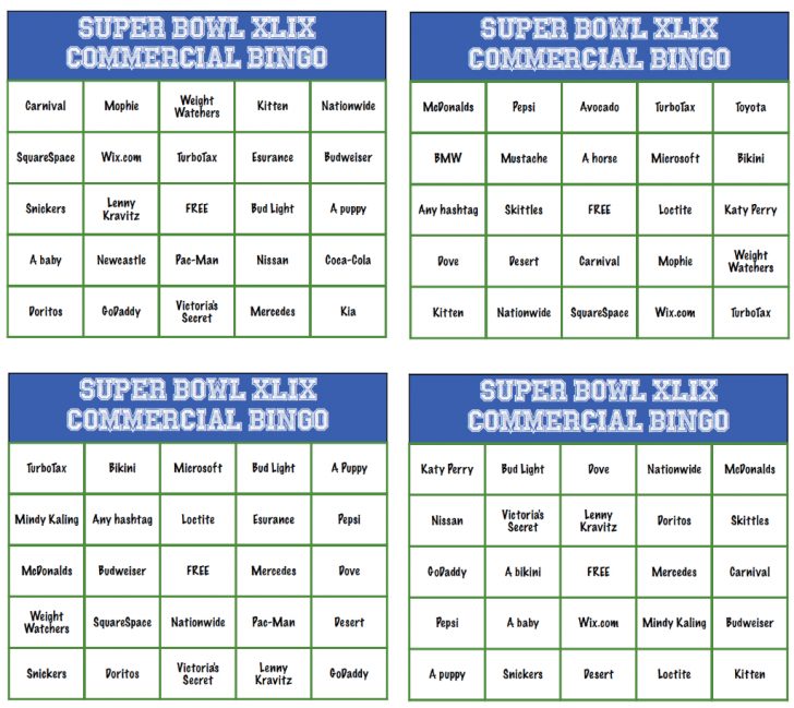 Printable Bingo Cards For Super Bowl Commercials
