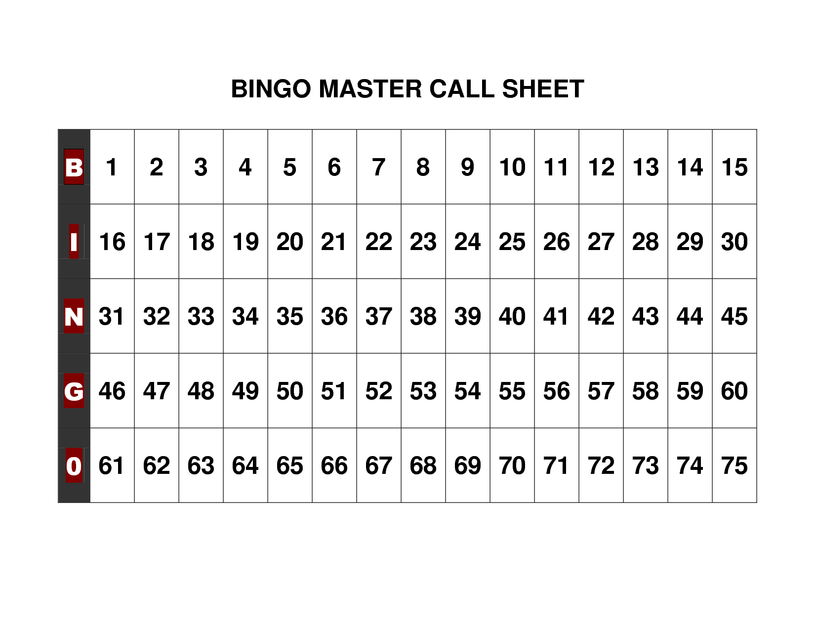 Bingo Call Sheet Printable Printable Word Searches
