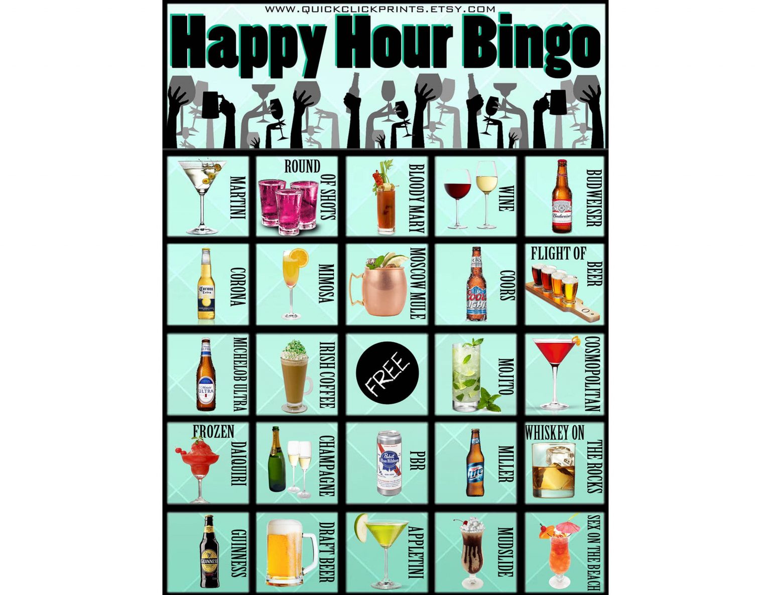 Happy Hour Bingo 28 Cards Pub Crawl Beer Cocktail Printable Bingo 