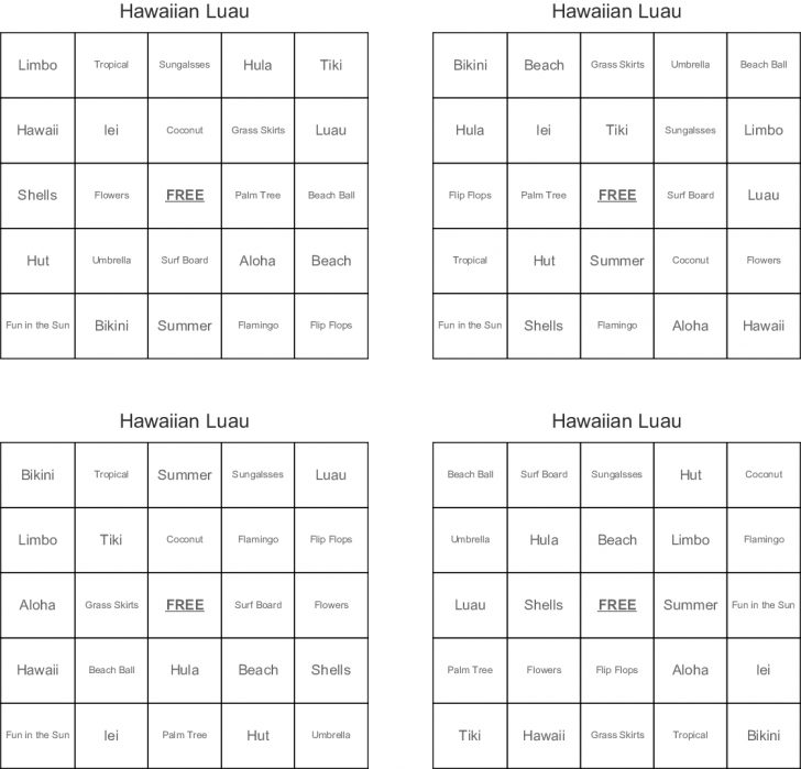 Hawaiian Luau Bingo Cards Wordmint Printable Bingo Cards