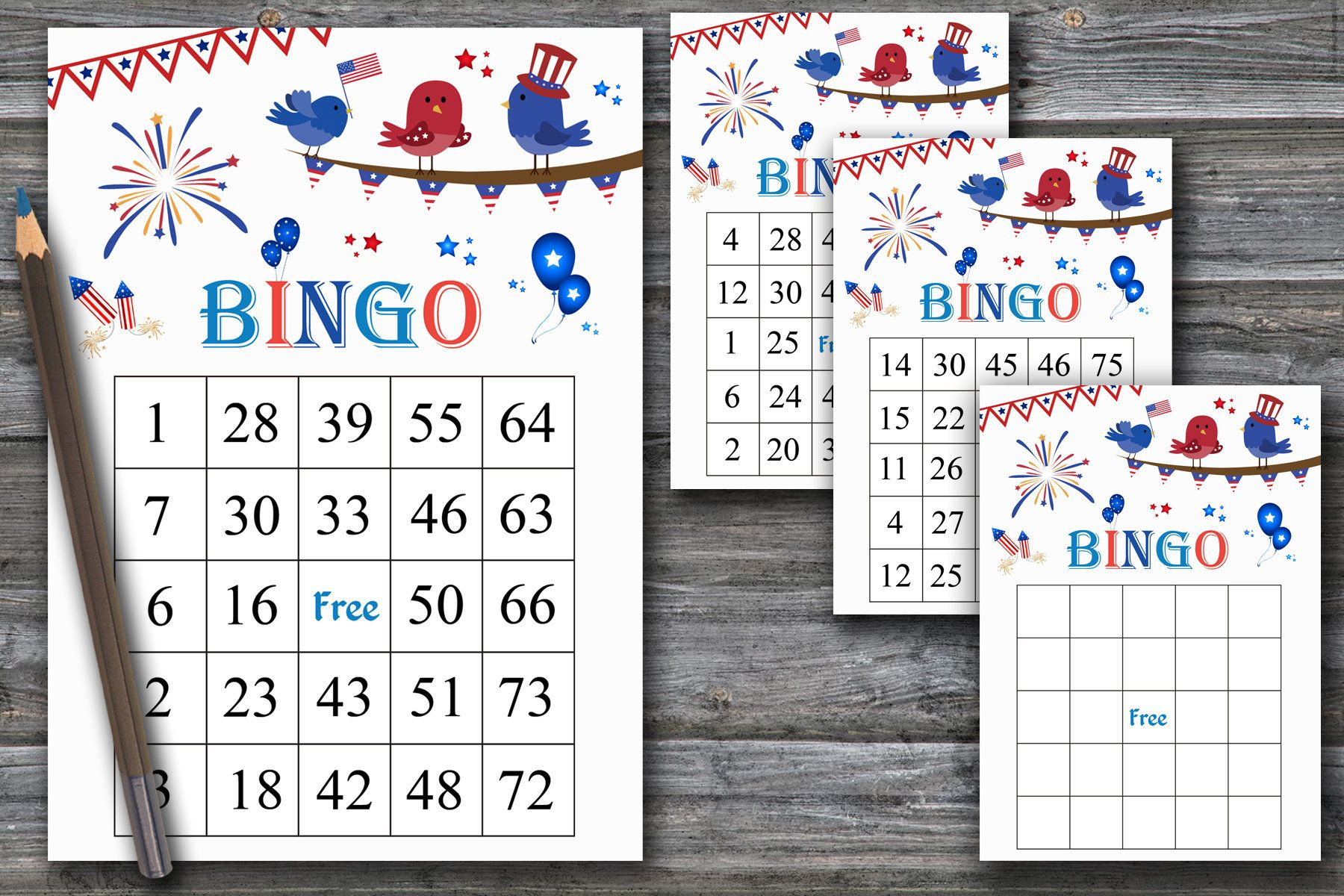 Independence Day Bingo, Patriotic Bingo Game, 60 Bingo Card