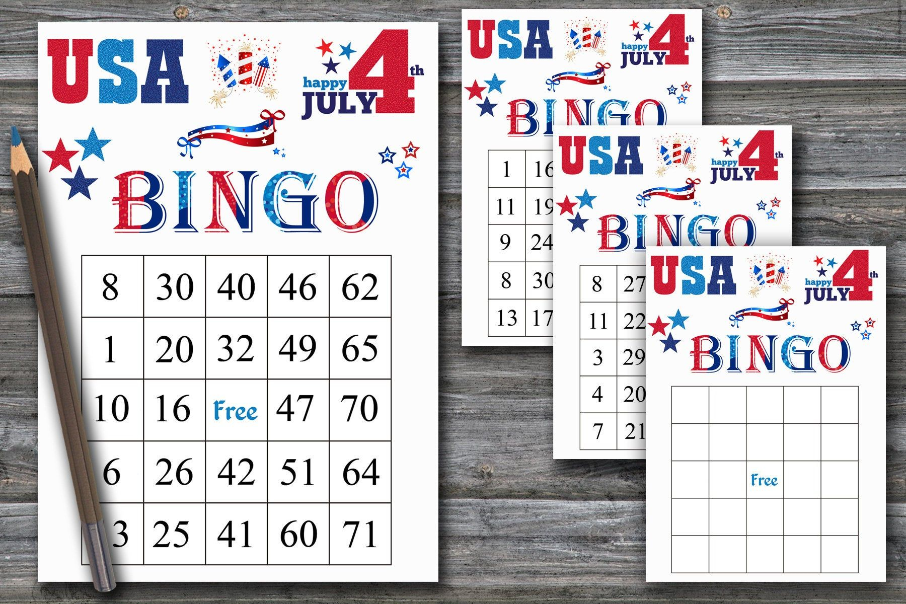 Independence Day Bingo, Patriotic Bingo Game, 60 Bingo Card