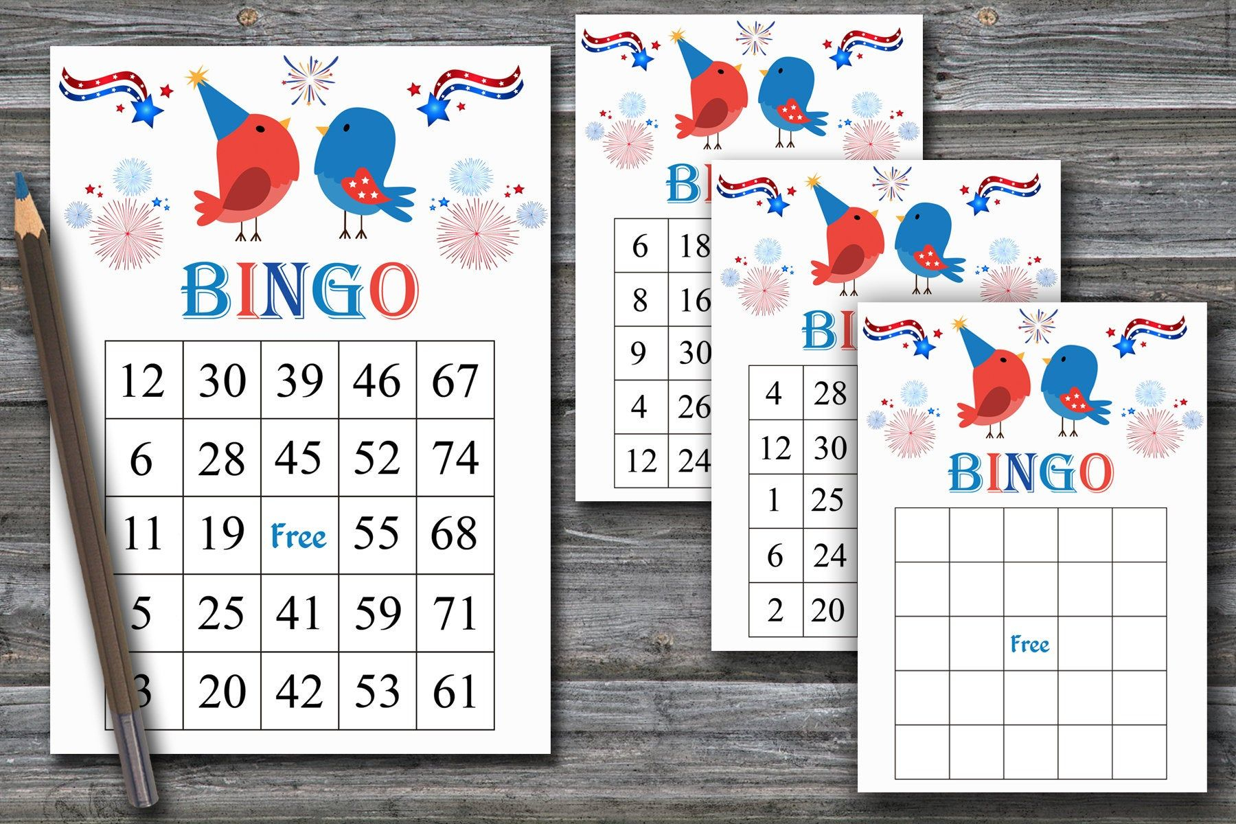 Independence Day Bingo, Patriotic Bingo Game, 60 Bingo Card