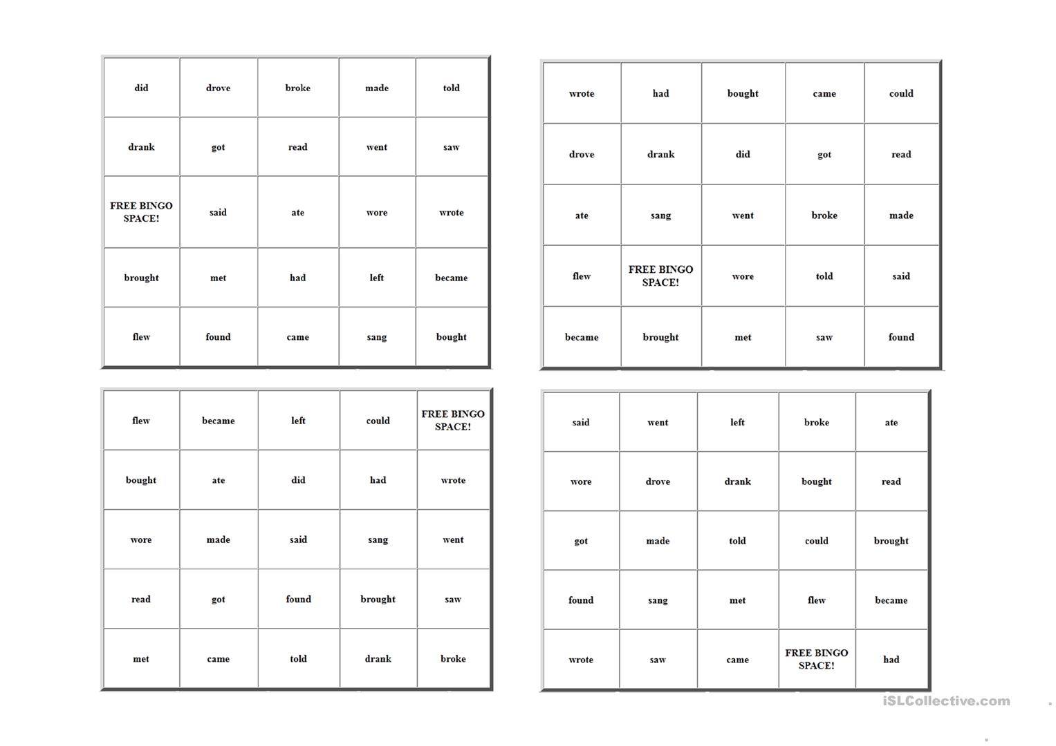 Irregular Verbs - Bingo Card - English Esl Worksheets For