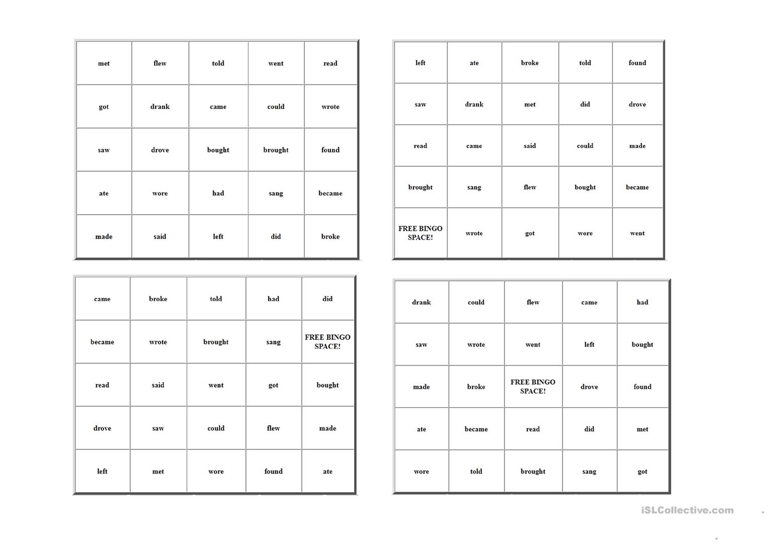 Irregular Verbs - Bingo Card - English Esl Worksheets For