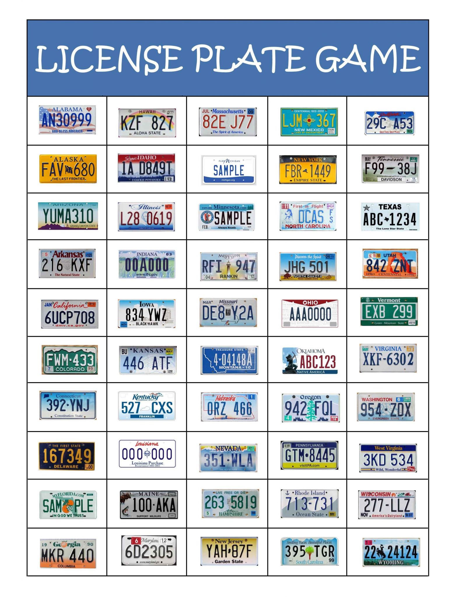 License Plate Game Printable