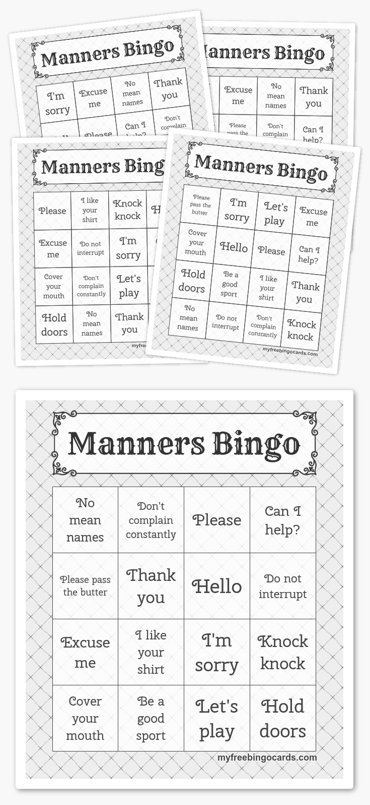 Manners Bingo | Free Printable Bingo Cards, Bingo Cards