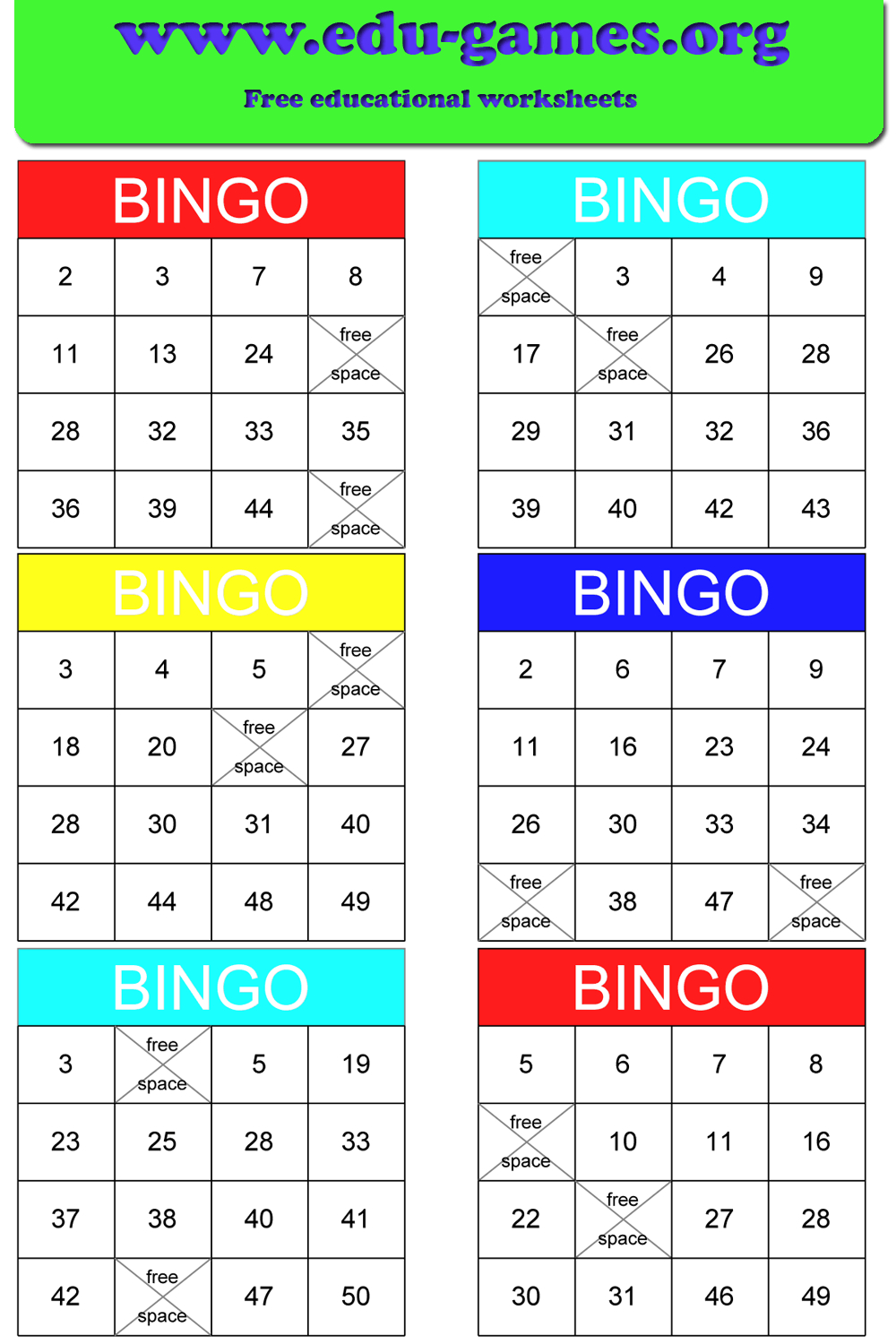 Free Printable Math Bingo Worksheets