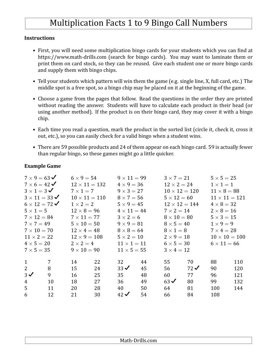 Multiplication Bingo Facts 1 To 9 Teacher Call Cards (Games