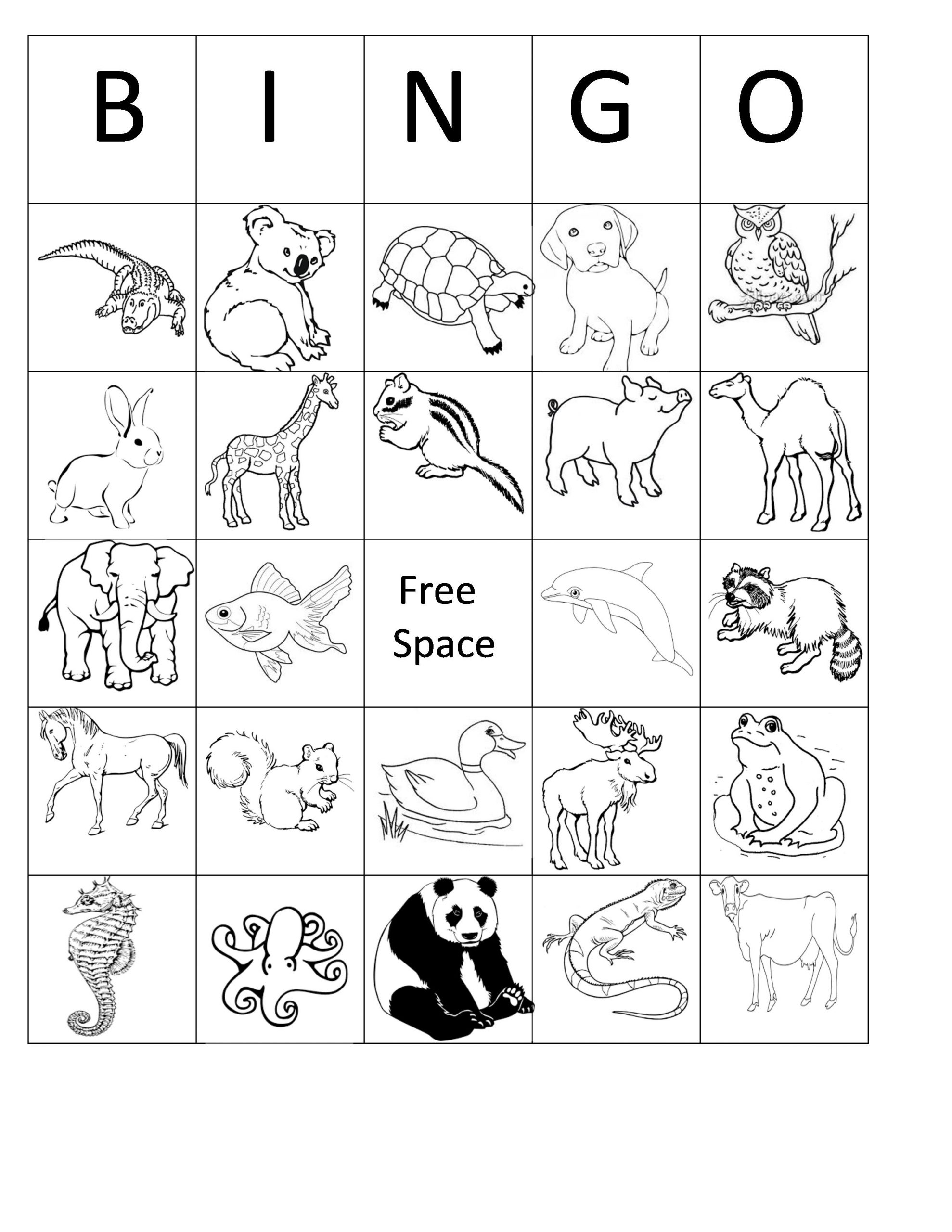 Printable Animal Bingo Card 2 Black And White Coloring Sheet
