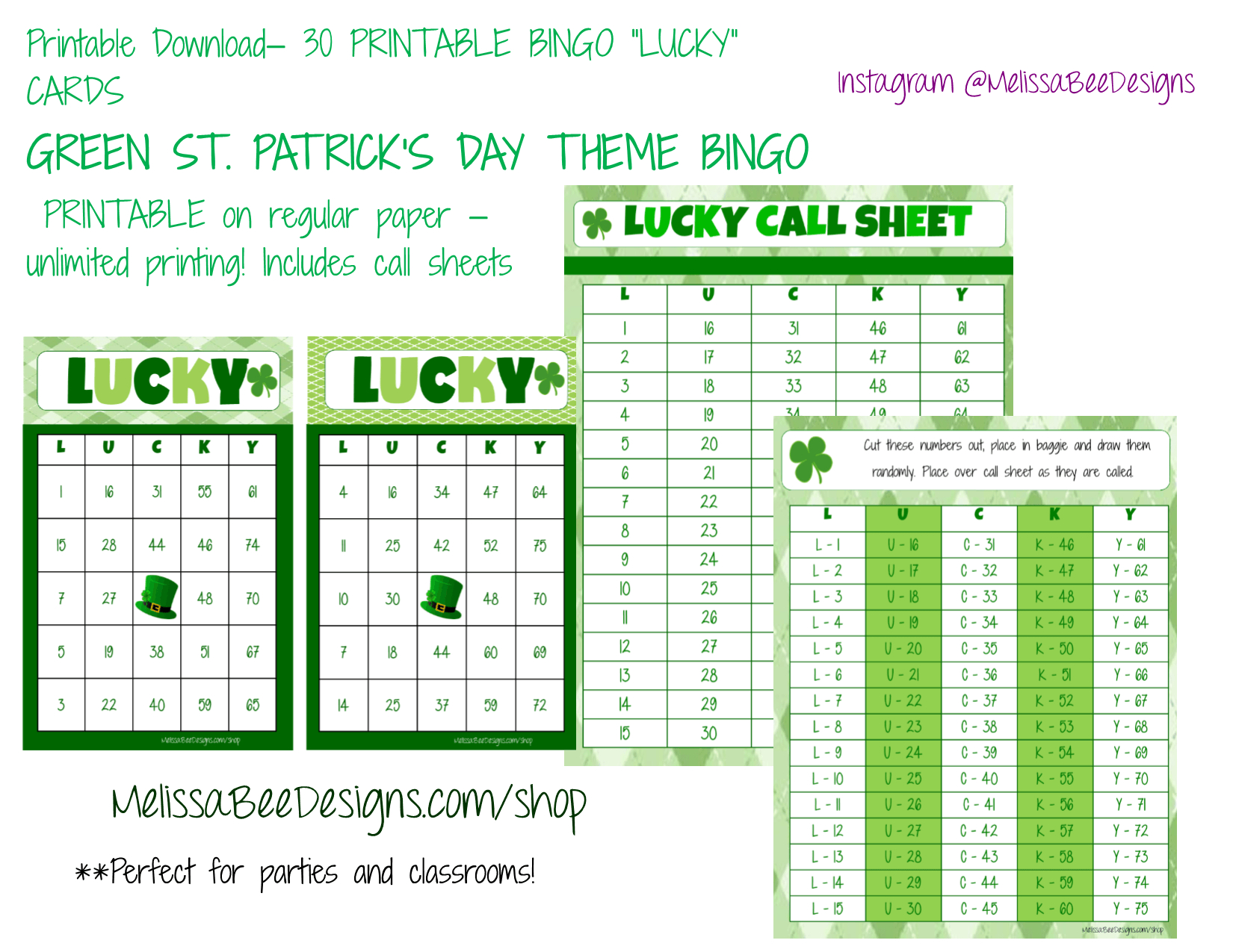 Printable Green St. Patrick&amp;#039;s Day Lucky Bingo Cards – 30