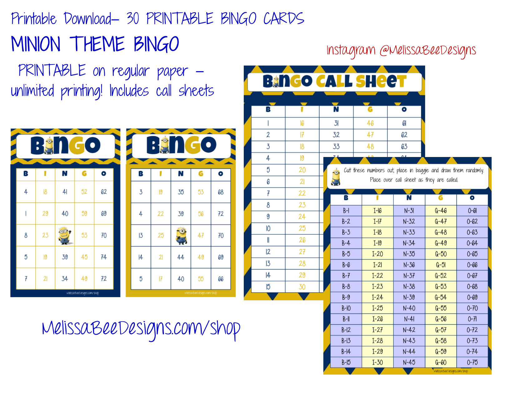 Printable Minion Bingo Cards – 30 Different Cards With Call