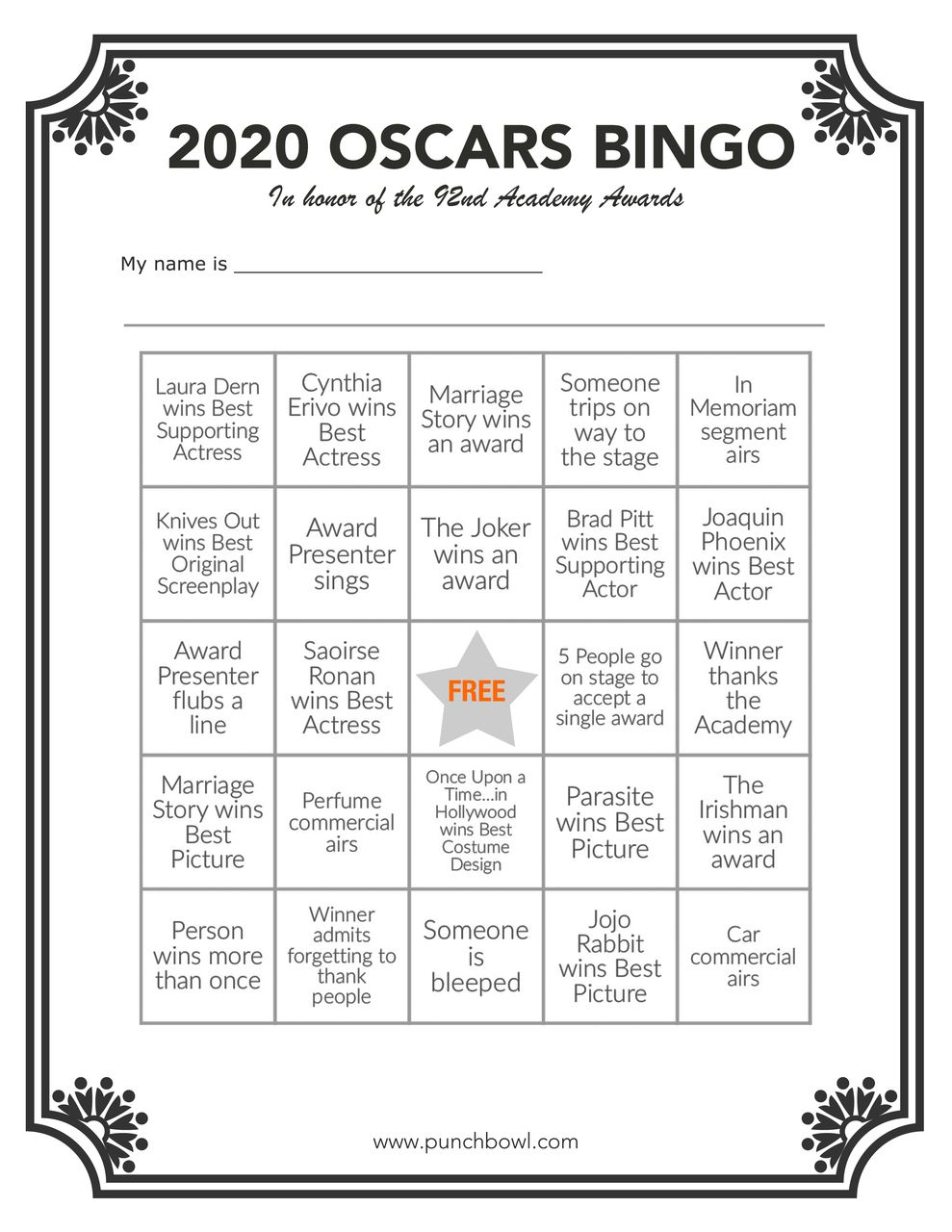 Printable Oscars Bingo In 2020 | Oscar Ballot