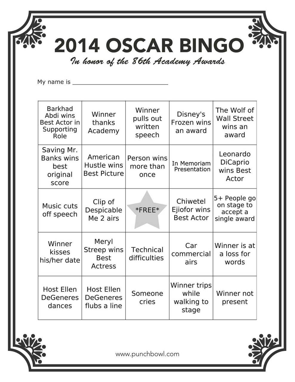 Printable Oscars Bingo In 2020 | Oscar Party, Hollywood