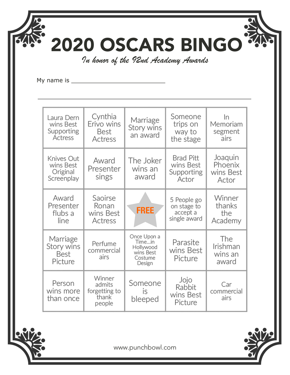 Printable Oscars Bingo In 2020 Oscar Party Hollywood Printable Printable Oscars Bingo In 2020 Oscar Party Hollywood Printable