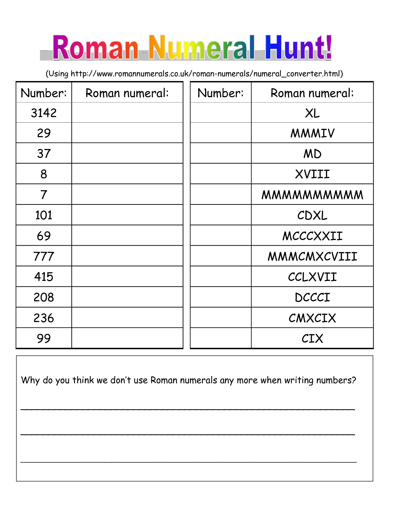 Roman Numerals Worksheets | Roman Numerals Hunt!2.pub Italy