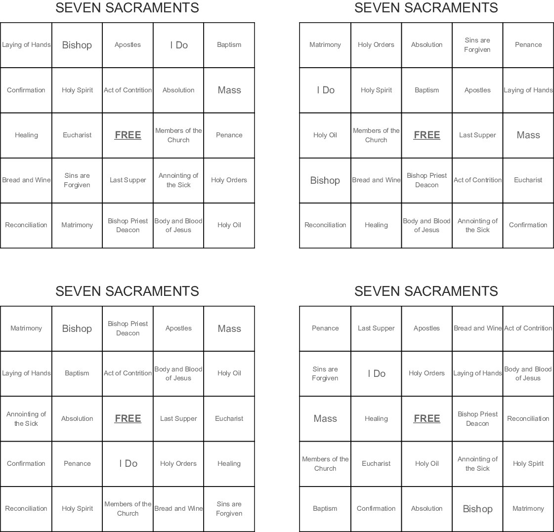 Seven Sacraments Bingo Cards - Wordmint