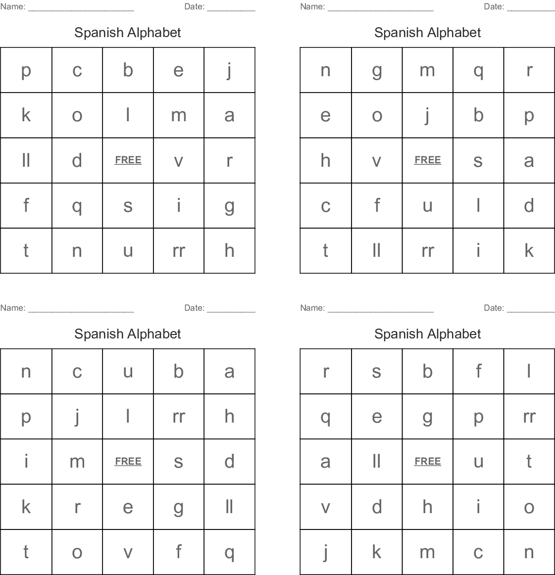 Spanish Alphabet Bingo Cards - Wordmint