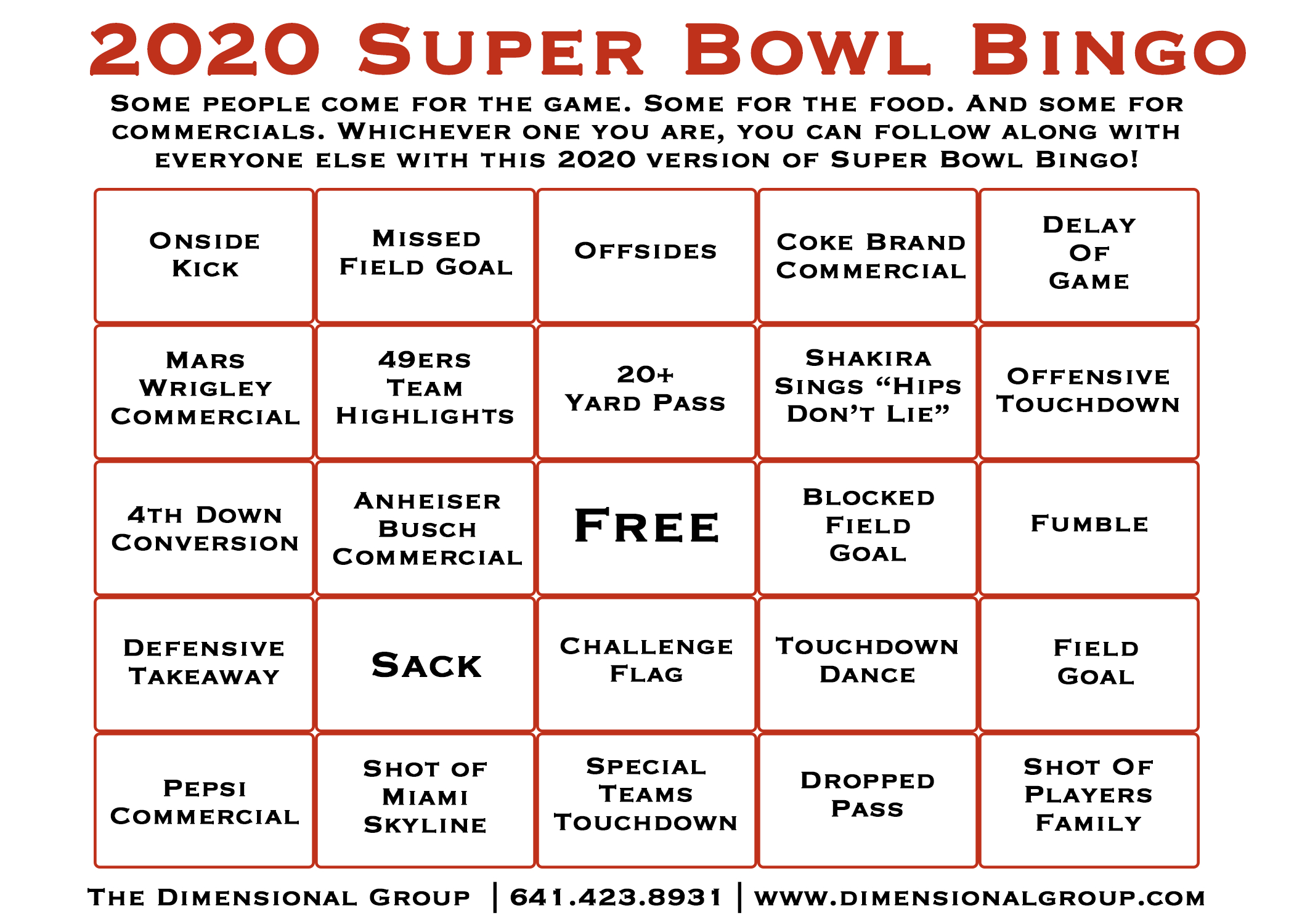Super Bowl Bingo Cards | The Dimensional Group
