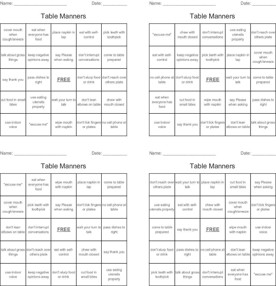 Table Manners Bingo Cards - Wordmint