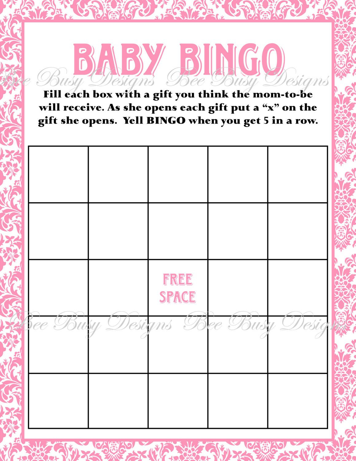 This Is For A Printable Pink Damask Baby Bingo Pdf File