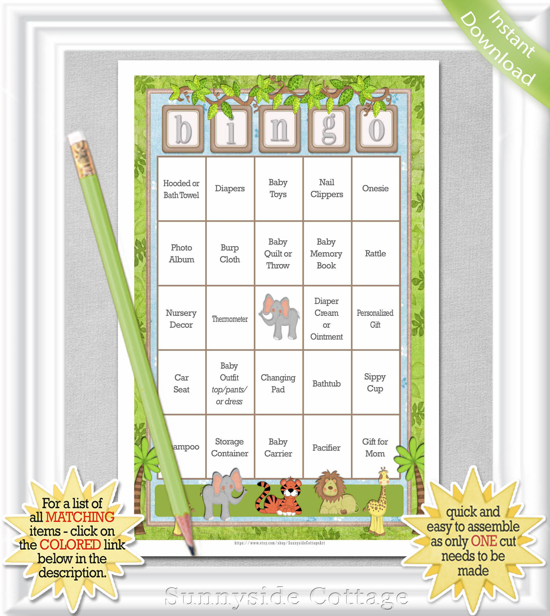 100 Card Baby Bingo Game With A Safari/jungle Theme, Gender Neutral  Pre-Populated Baby Bingo Cards - No Duplicates, Diy Printable, 15Ba