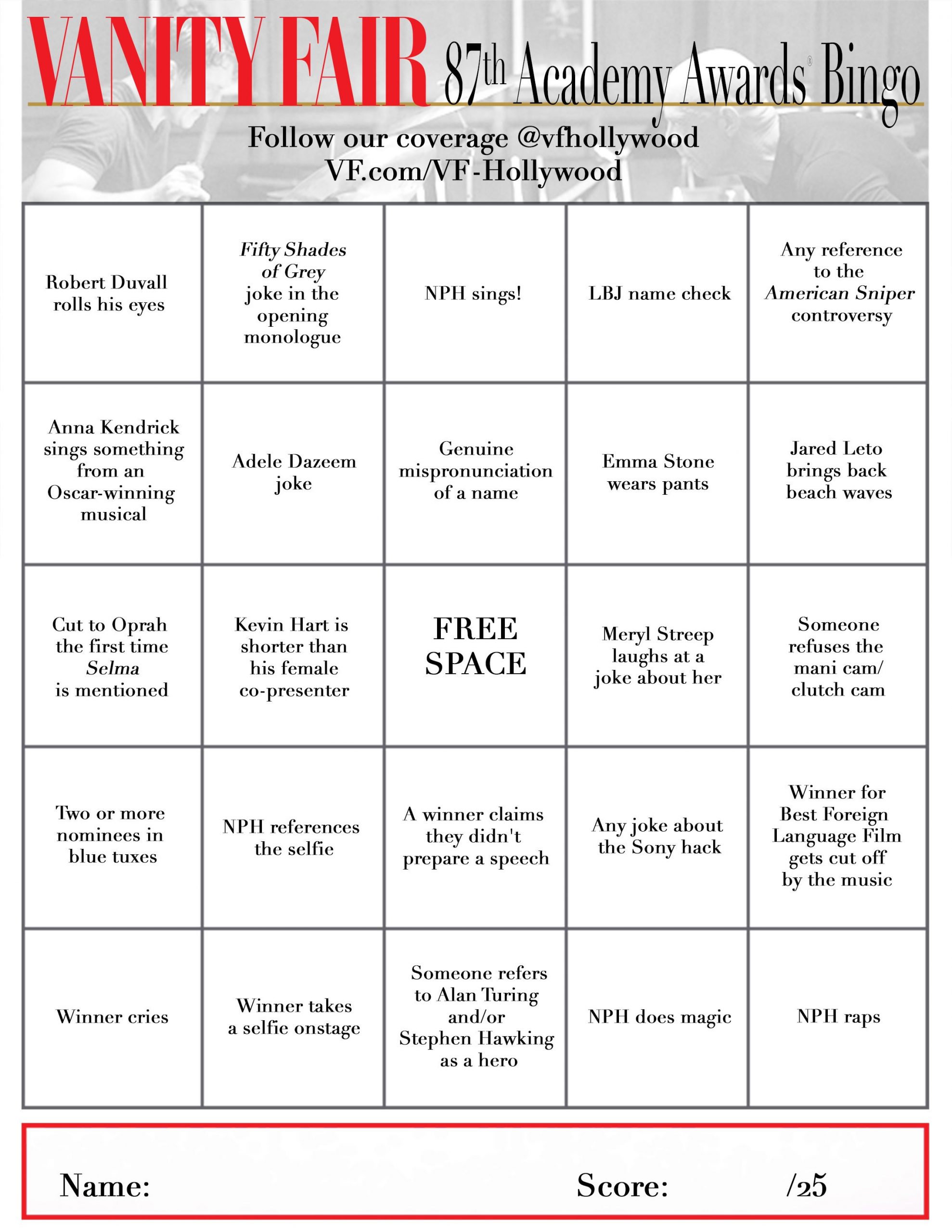 2015 Oscars Bingo Cards | Vanity Fair